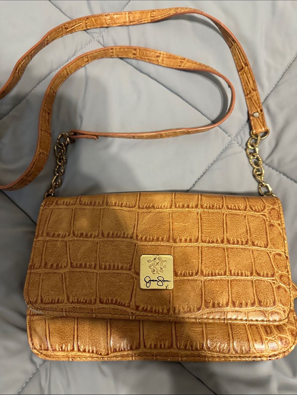 Jessica Simpson Croc-Embossed Crossbody Bag in Tan/Gold